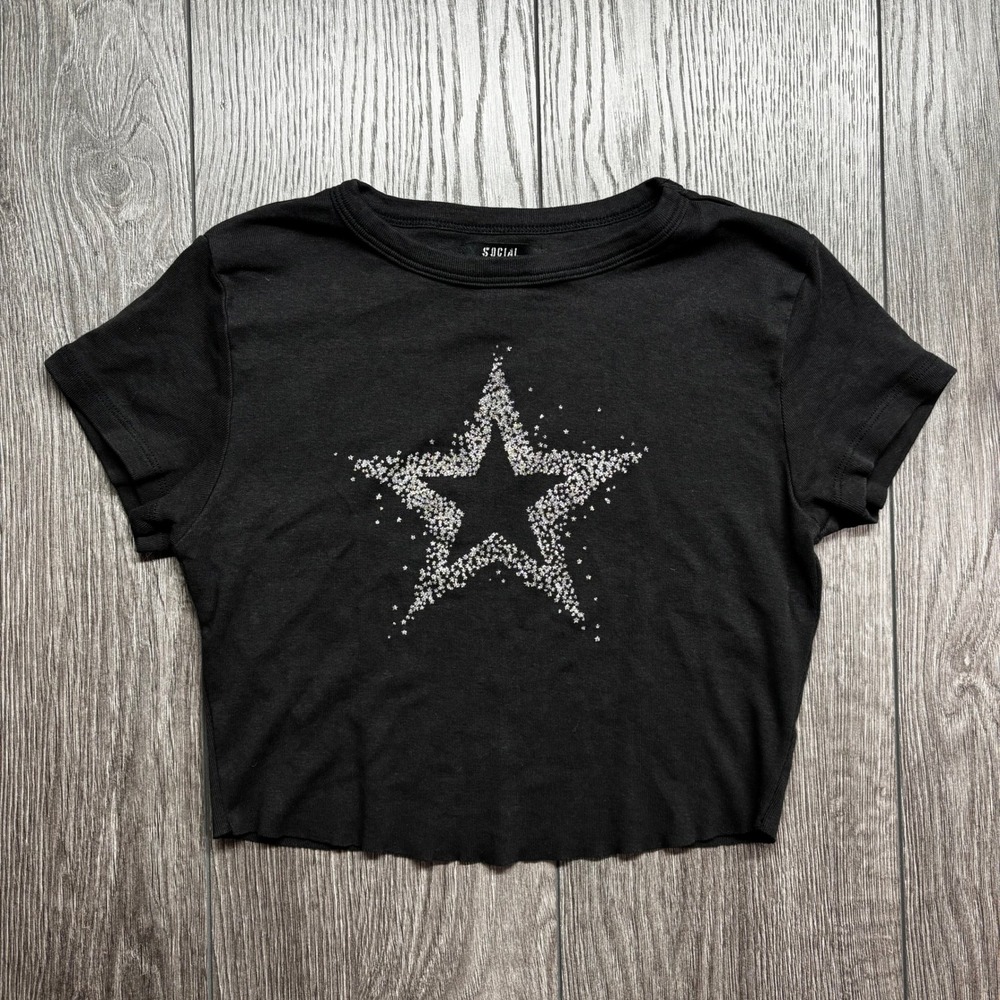 Social Collision Womens Small Vtg Black Glitter Star Graphic Crop Top Y2K Cotton